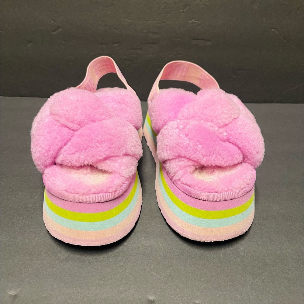 UGG Kids Pink Plush Slide Sandals with Rainbow Stripe Platform
